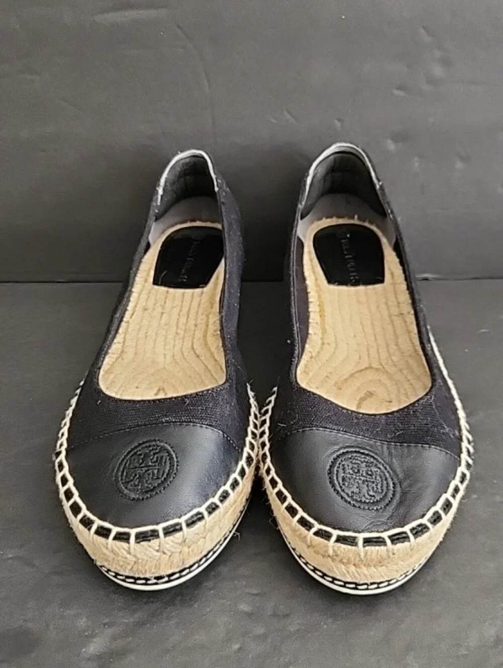 Tory Burch Espadrille Flat Logo Black Leather Canvas Women Size 8.5